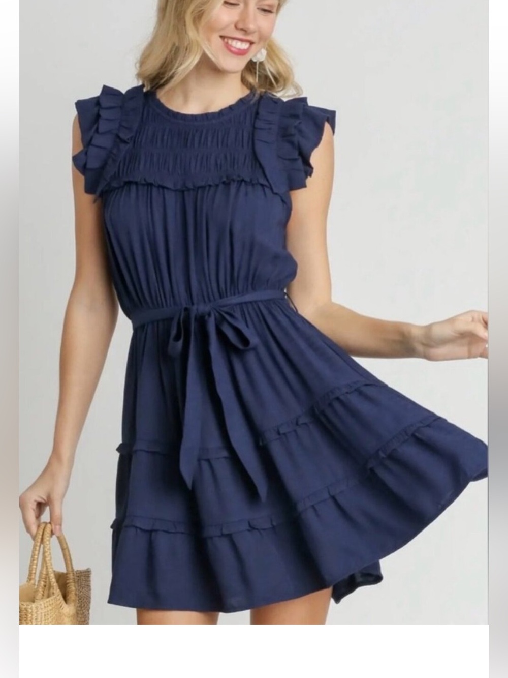 Umgee Navy Ruffle Sleeve Mini Dress. NWT